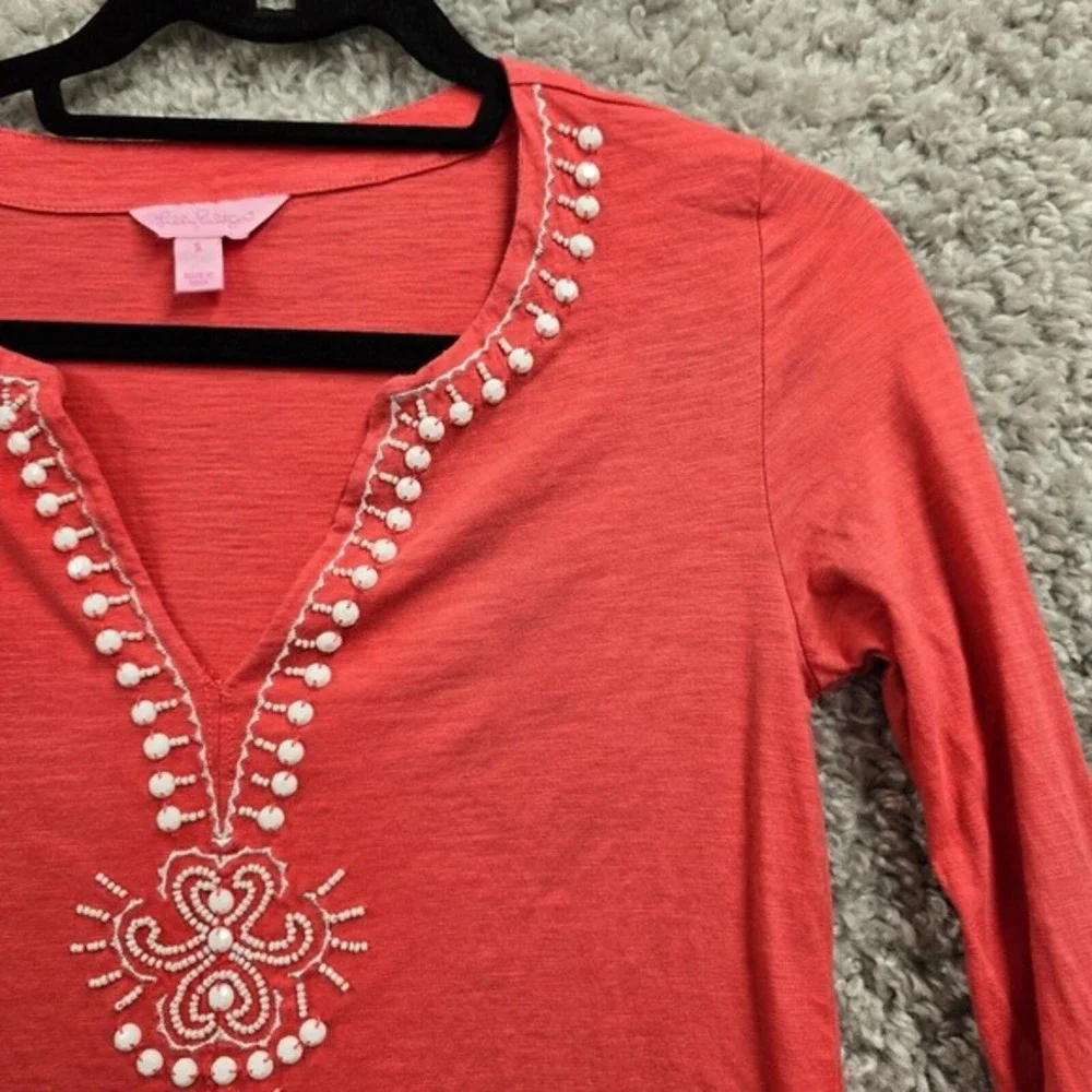 Lilly Pulitzer Tunic Women Size S Pink Beaded V-Neck Roll Tab Sleeve Boho - Picture 3 of 14